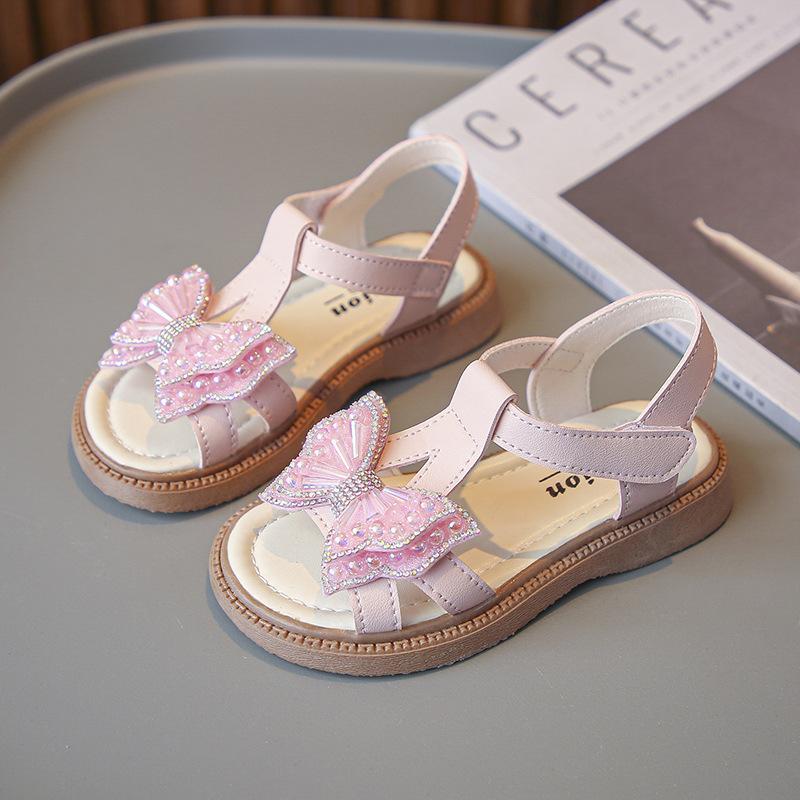 Girls Beach Shoes T-strap Soft Sole Children Princess Shoes Shiny Sweet Bows 2025 Summer New Kids Sandals Non-slip Cute Trendy