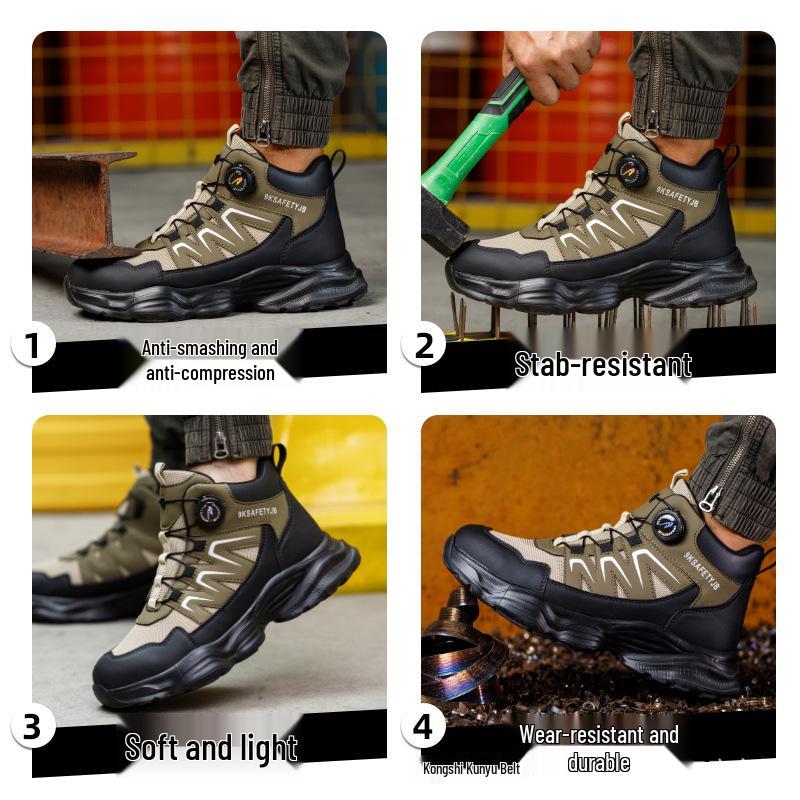 Men's High-Top Safety Boots: Anti-Smash, Anti-Puncture, Durable, Comfortable, Easy Button Closure for Work Protection