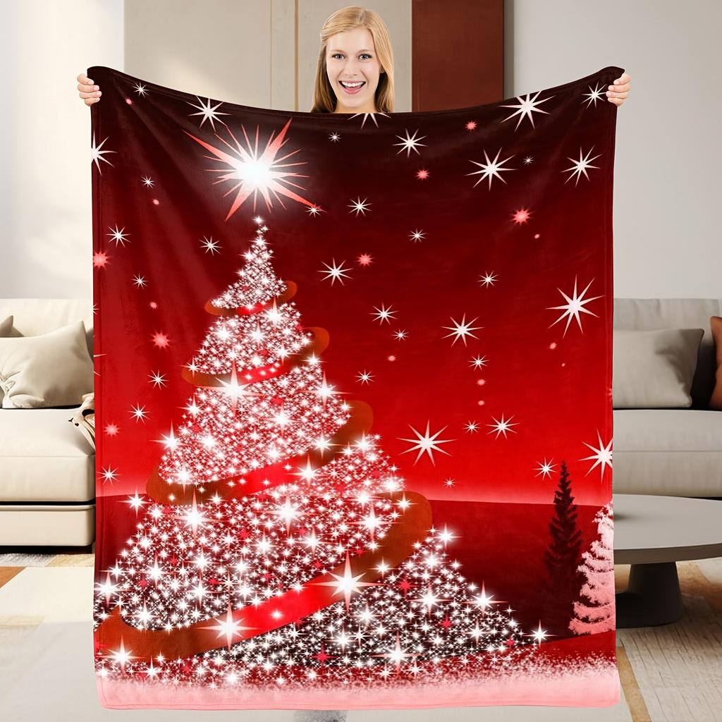 Red Shiny Christmas Tree Flannel Throw Blanket Sparkling Star Light Print Xmas Winter Sofa Blanket