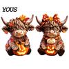 Home Decoration 2PCS Highland Cow Ornament, Wooden Rustic Style Figurine, Thanksgiving Fine Carving Wood Art Theme Art, for Entrance Living Room Decor