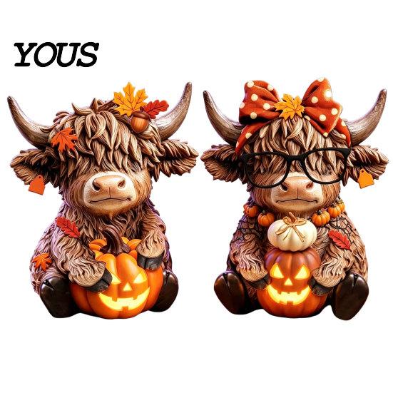 Home Decoration 2PCS Highland Cow Ornament, Wooden Rustic Style Figurine, Thanksgiving Fine Carving Wood Art Theme Art, for Entrance Living Room Decor