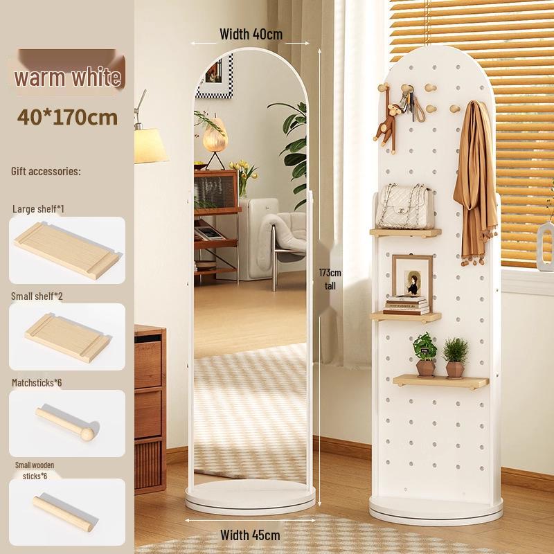 Rotating Pegboard Full-Length Mirror and Clothes Rack - Movable, Retro Floor Standing Dressing Room Mirror