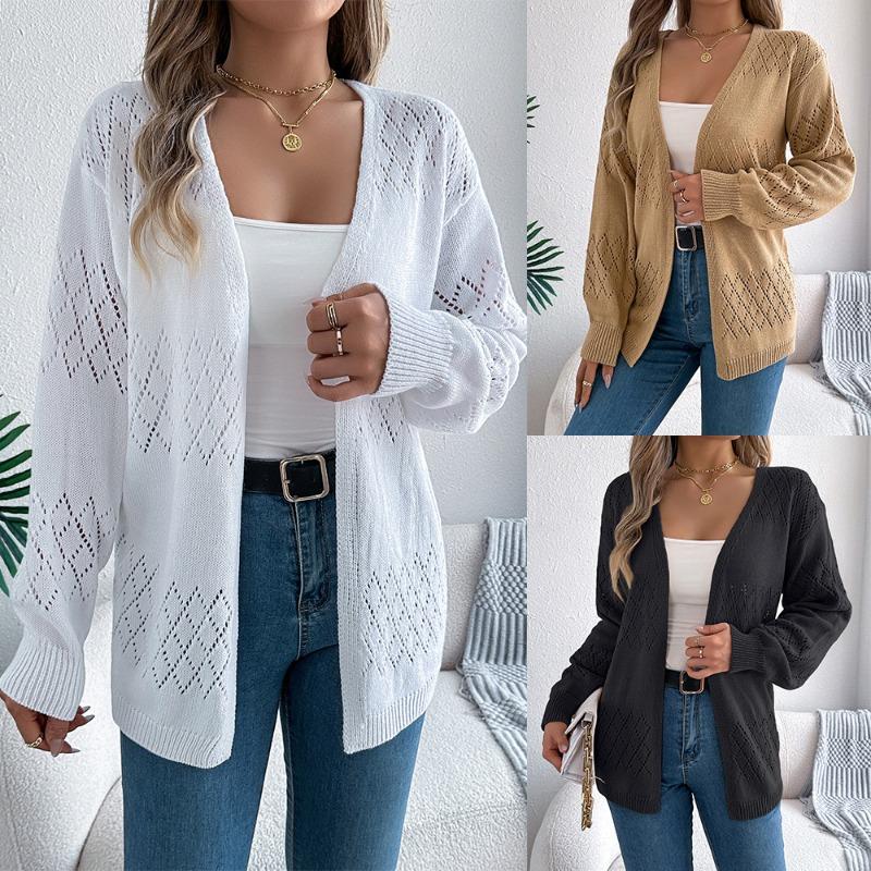 Women European American Casual Solid Hollow Out Lantern Long Sleeve Cardigan Sweater Coat