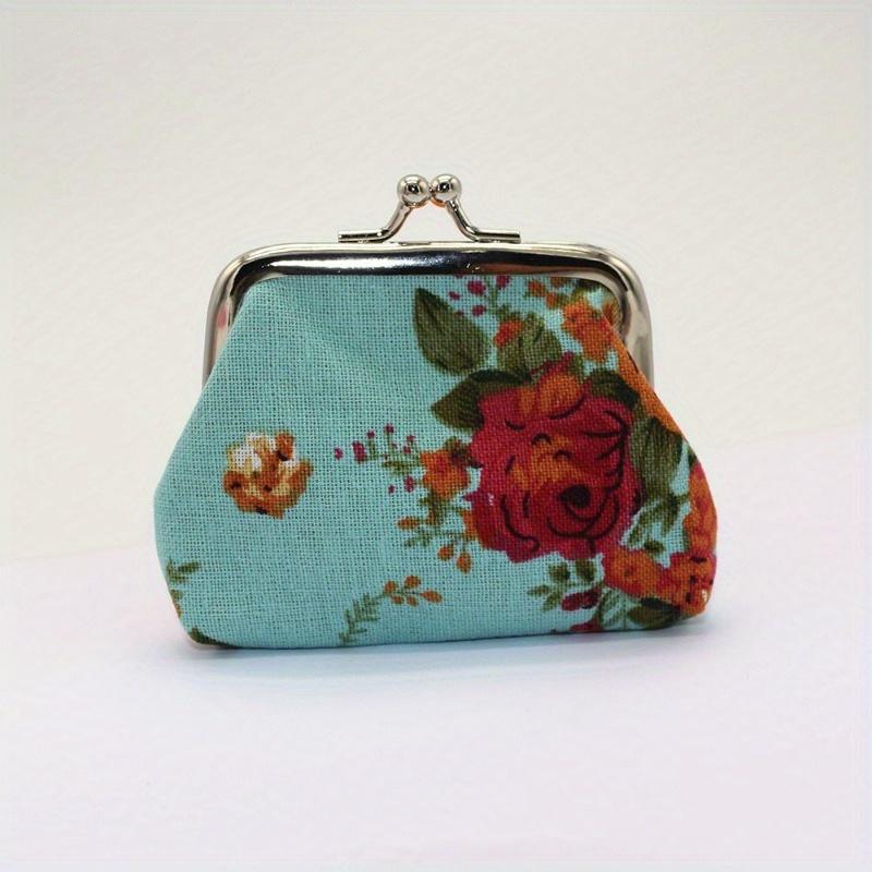 1pc Kiss Lock Coin Purse, Women's Stylish Small Canvas Floral Pattern Storage Bag Ofr Keys & Lipstick