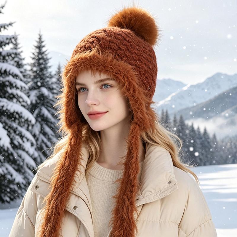Fluffy Knit Trapper Hat Women Winter Warm Ear Flap Beanie with Pom Pom Soft Furry Ski Cap