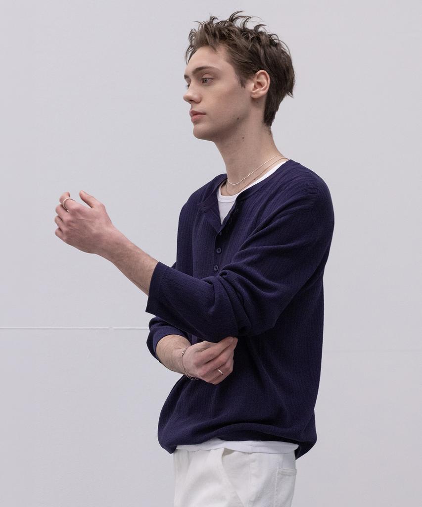 Dekkoloso Light Henley Neck Knit T-Shirt [Navy]
