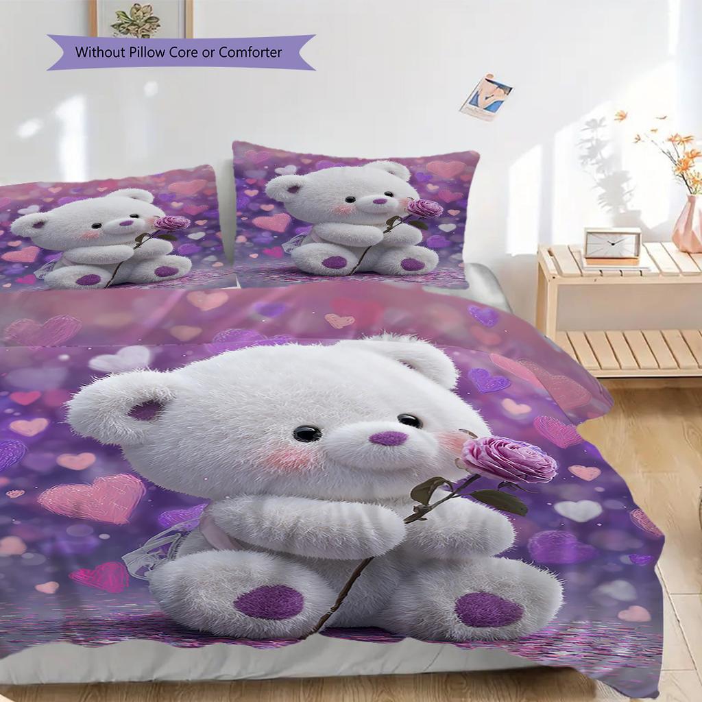 Bear Doll Pattern Bedding Quilt Set Quilt Cover Pillowcase Home Decoration Birthday Gift (1 * Duvet Cover + 2 * Pillowcase, Without Core)