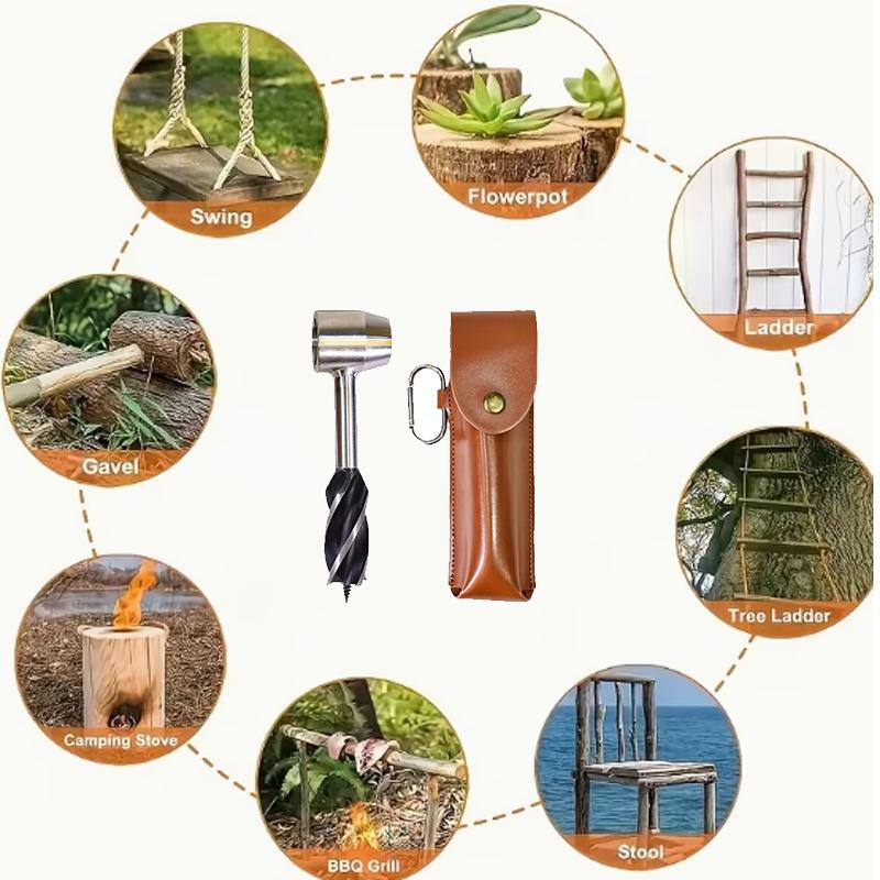 Schneckenbohrer Vierflügelige Stützbohrer Mit PU-Lederetui Outdoor Camping Survival Schlagwerkzeug Manueller Lochmacher