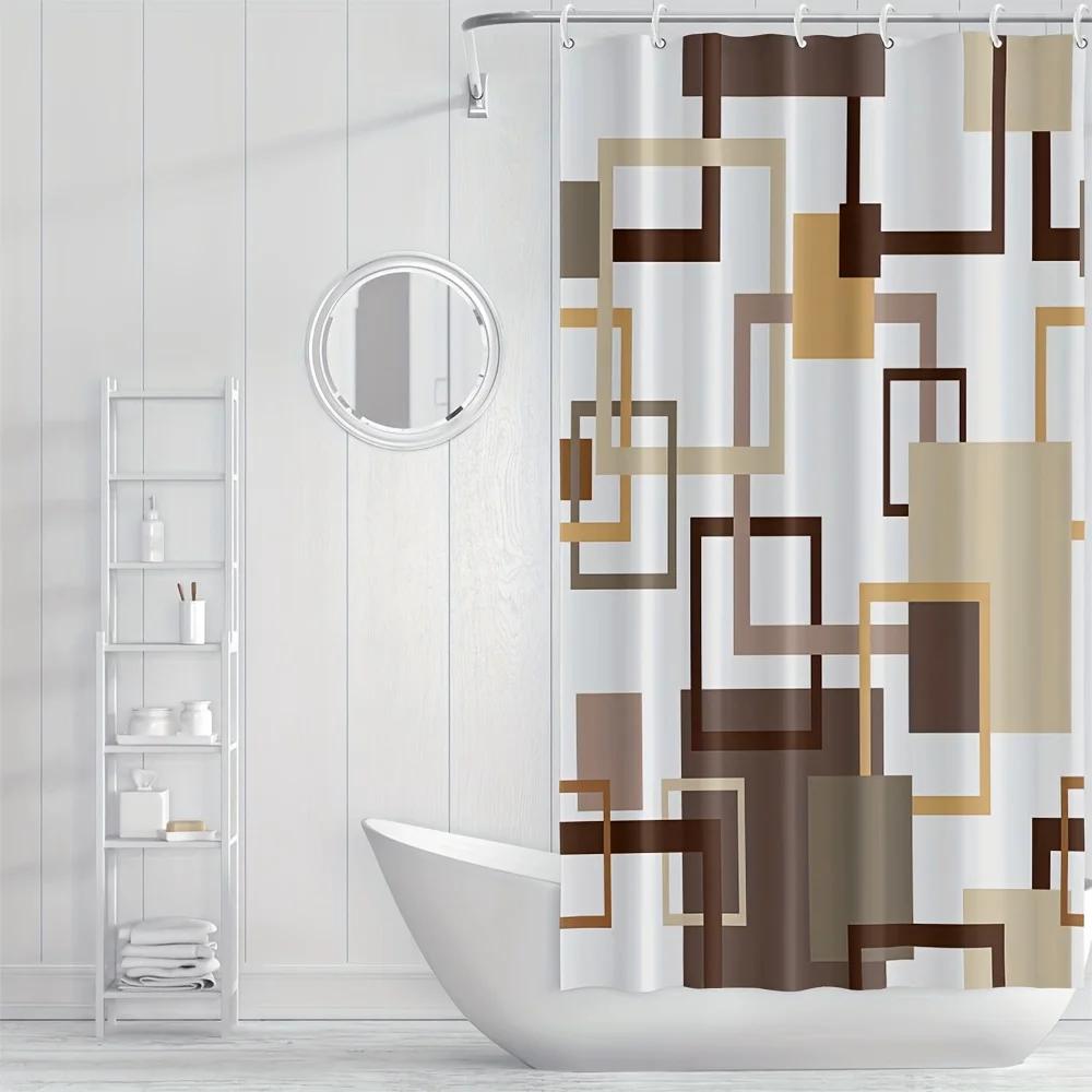 1pcs Simple Style Shower Curtain, Extra Large Brown Box Print Durable Shower Curtain, Bathroom Divider Curtain, Machine Washab