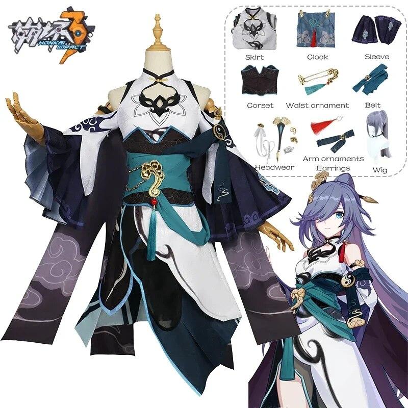

Game Impact 3 Cosplay Fu Hua Cosplay Costume Перука Dress Uniform Full Set FuHua Halloween Party Costume for Women Girls XXXL-(Costume+Wig)