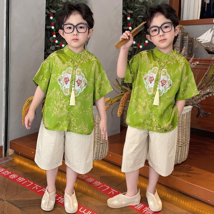 Boys' Hanfu Tang Suit - Dragon Boat Festival 2026: Green Gem National Style Short Sleeve Set for Toddlers