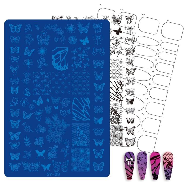 1 Sheet Etched Nail Art Stencil High-Precision Bow Flower Lace Checkered Nail Decal Sheets For Reusable Manicure Transfer Tool