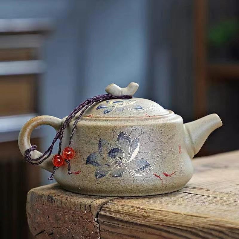 Wykwintny ceramiczny czajnik do herbaty Klasyka Chin Gruboziarnista ceramika Czajnik z uchwytem Ceramika Czajnik z drewna tekowego Czarny Zielony fioletowa glina Zestaw do herbaty z surowej rudy