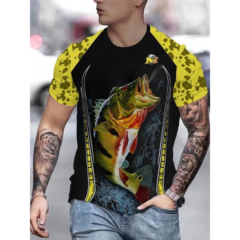 Pánské tričko s kulatým výstřihem pro rybářské nadšence, 3D potisk s grafikou rybářského háčku a okouna, nadměrná velikost, ležérní sportovní styl, letní tričko