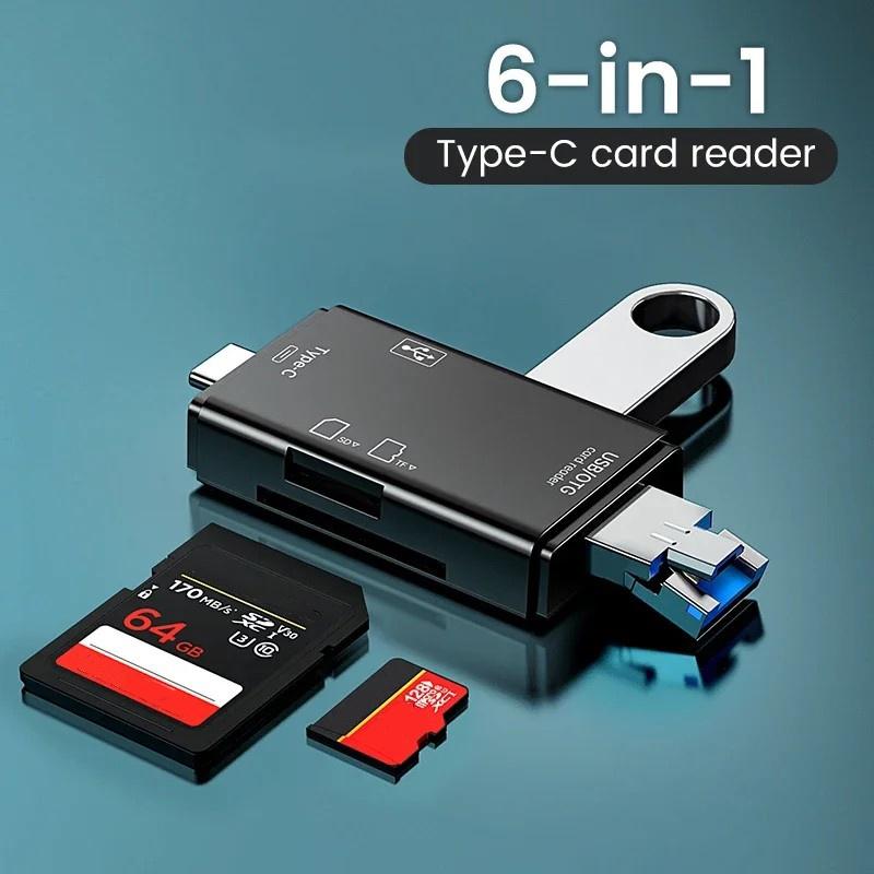 Multifunction 6 In 1 OTG SD Card Reader Adapter 5Gbps USB 2.0 Type-C/TF/SD Memory Card Smart Cardreader For Laptops Accessories