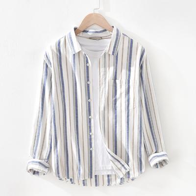 Spring and Summer Cotton Linen Men Tops Japanese Style Square Stripes Long Sleeve Shirt Youth Breathable Shirts for Men