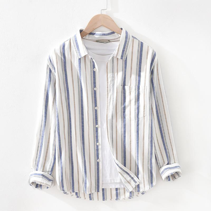 Spring and Summer Cotton Linen Men Tops Japanese Style Square Stripes Long Sleeve Shirt Youth Breathable Shirts for Men