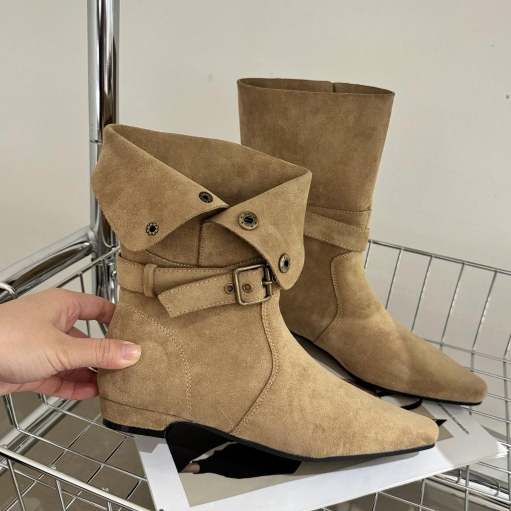 Point belt buckle two wear knight boots women's 2025 new autumn and winter flat western cowboy boots medium tube stacking boots