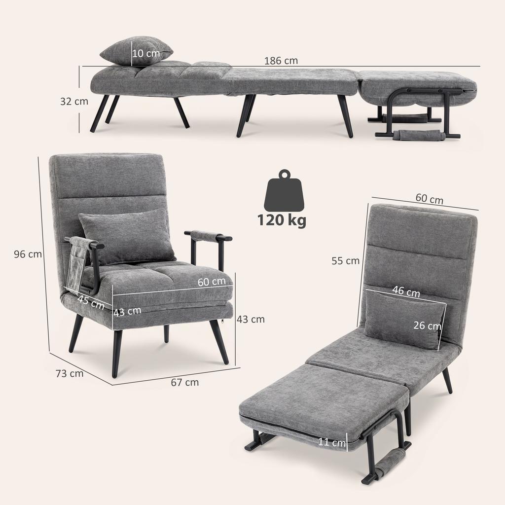 Sleeper Chair 3-in-1 Foldable Chair with Sleep Function, 186 X 60 Cm Sleeper Chair with 5-Position Adjustable Backrest