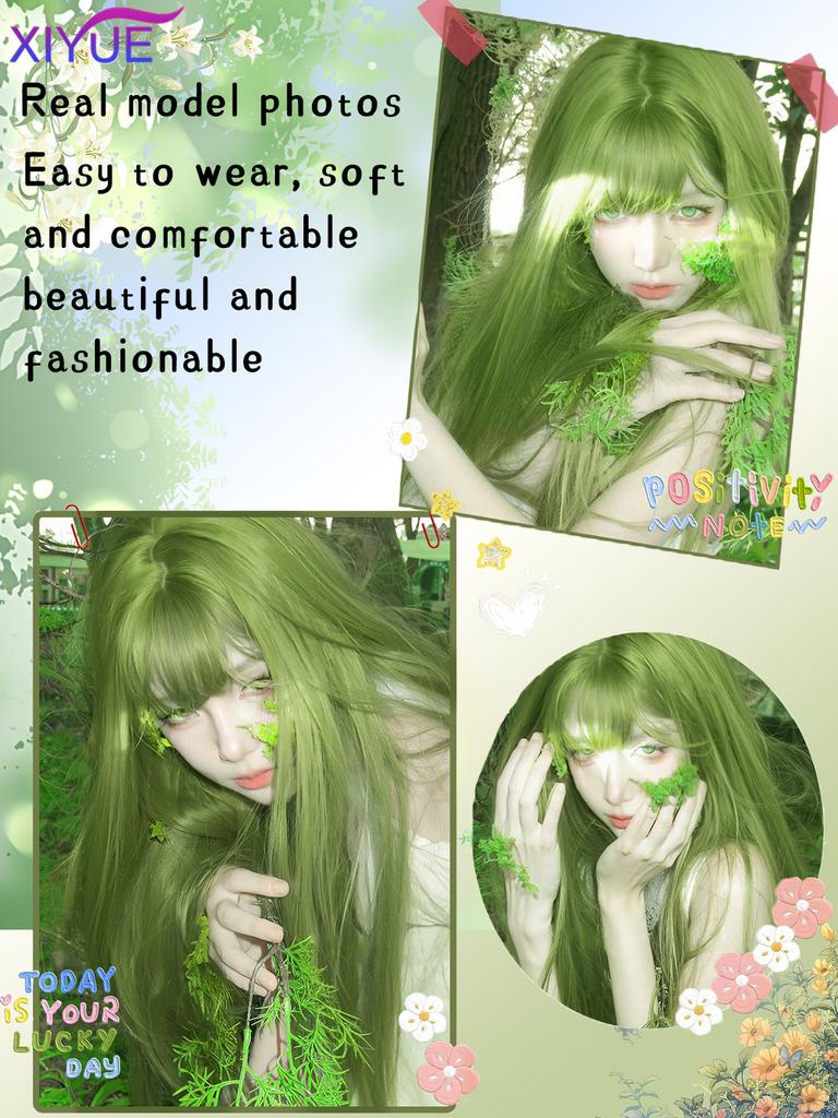 XIYUE Cosplay-Perücke mit Pony Synthetisches glattes Haar 20 Zoll lang Hitzebeständig Fruchtgrüne Perücke für Damen