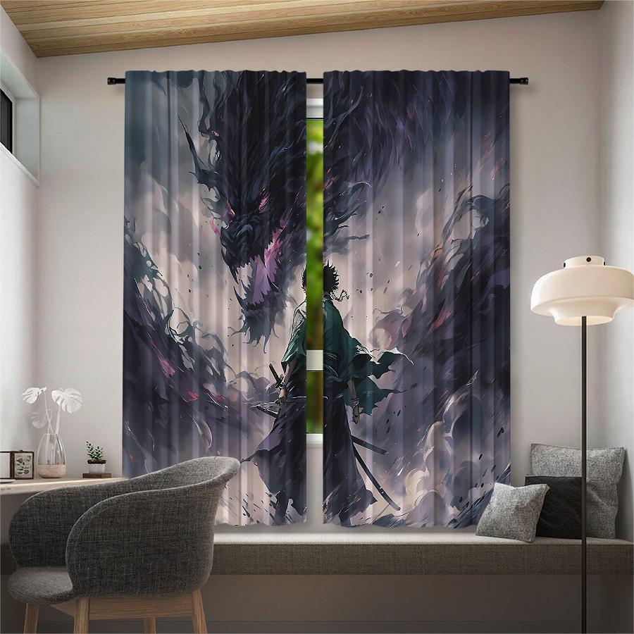 2pcs- Sword Saint and Evil Dragon Polyester Curtains, Pole bag curtains 42*84, Bedroom, living room, home room decoration