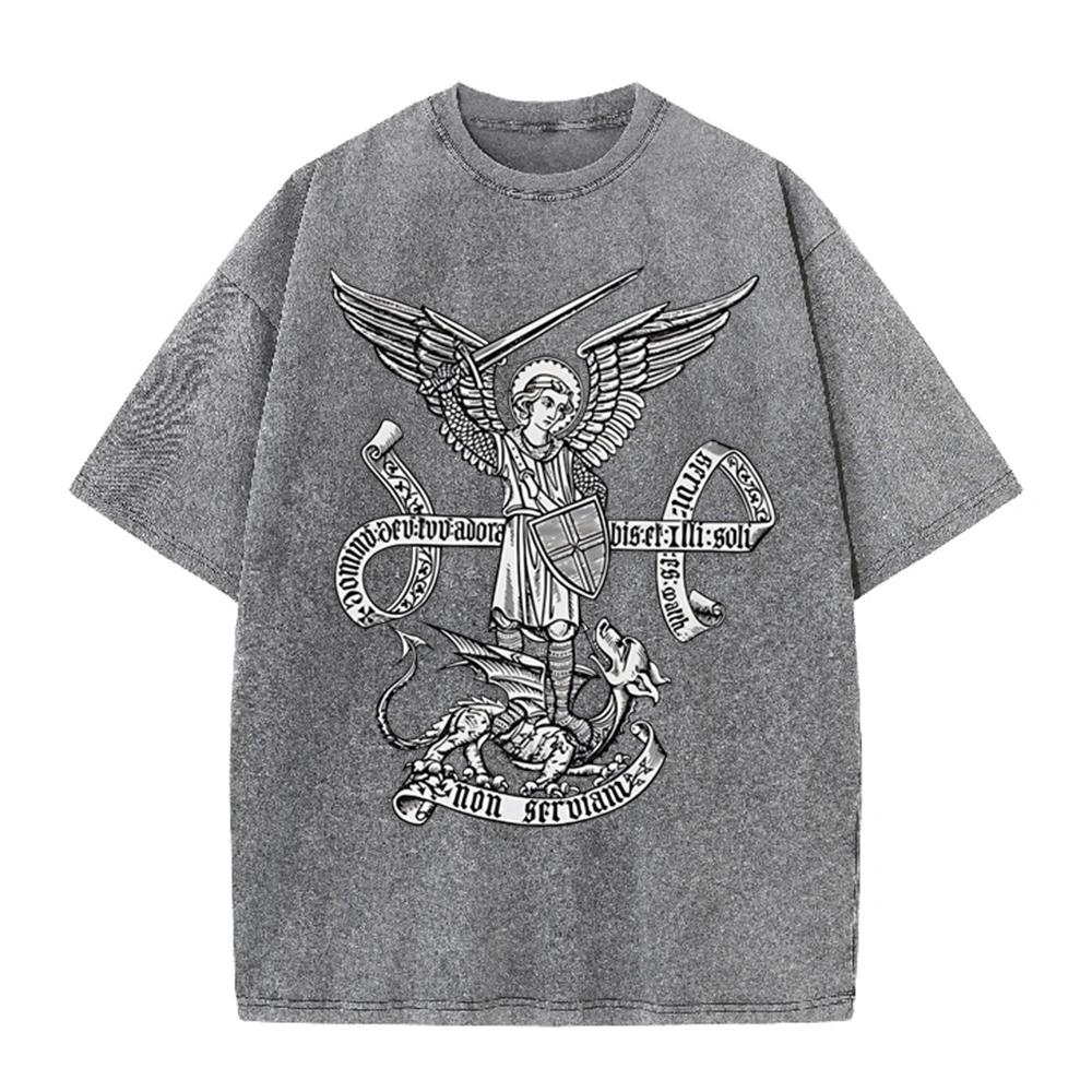 2026 Vintage St Michael Archangel Dragon Scroll Latin Text Graphic Black Acid Washed T Shirt Retro Religious Medieval Streetwear
