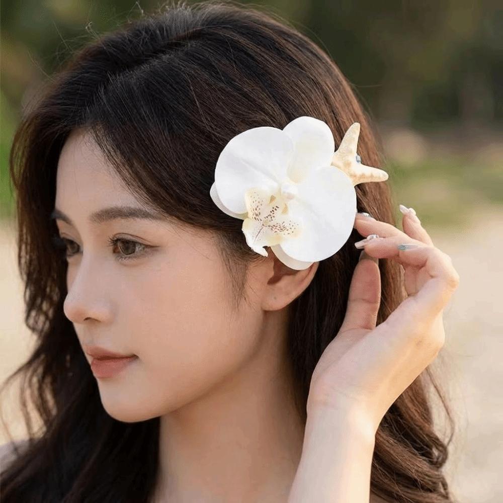 Trendy Orchid Flower Hairpin Vintage Resin Starfish Hair Clip Pearl Hair Clip Seaside Wear