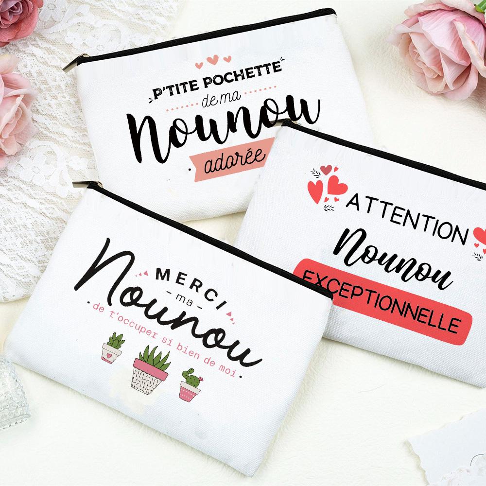 Merci Nounou Print Cosmetic Bag Women Neceser Makeup Bags Canvas Zipper Pouch Travel Toiletries Organizer Thanks Gift for Nounou