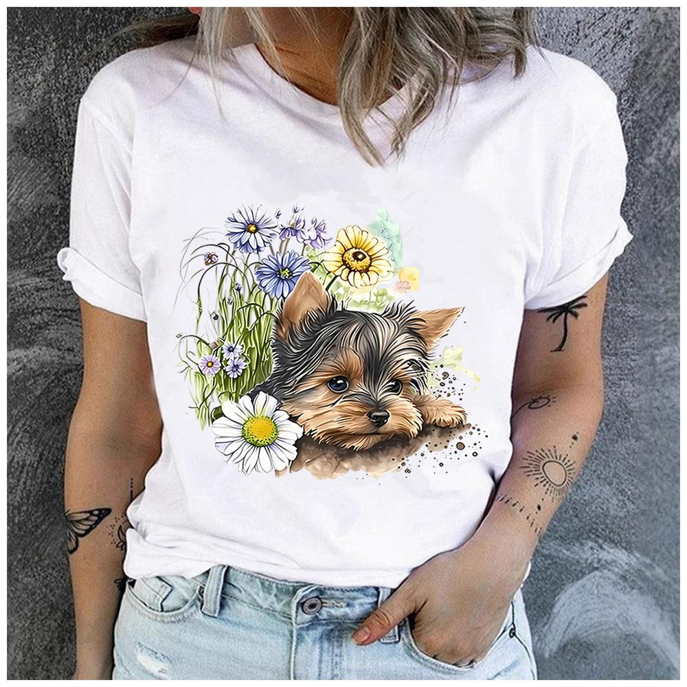 Cotton Vintage Floral Yorkshire Terrier Print Women T Shirt Cute Yorkie Dog Lover Casual Short Sleeve Graphic Tee