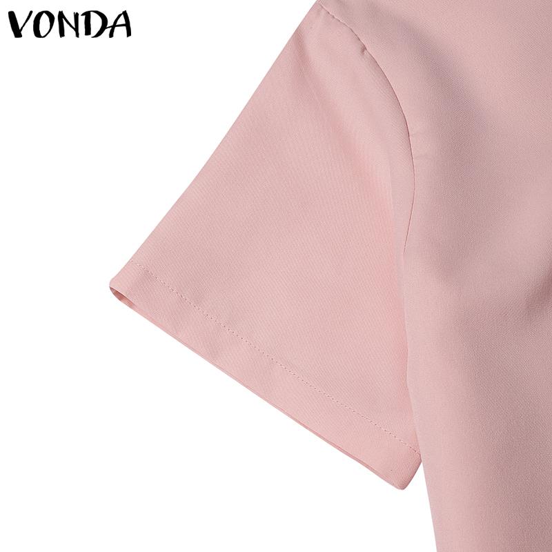 VONDA Women Summer Round Neck Short Sleeve Pearl Decorated Blouses