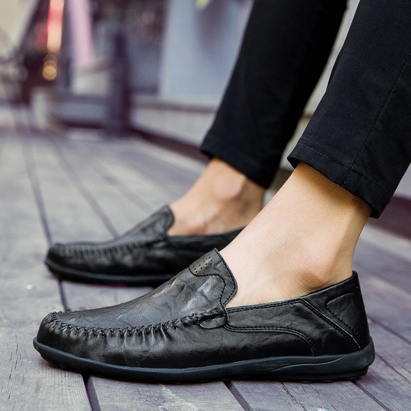 Leder Herren Freizeitschuhe Herren Echtes Leder Herren Atmungsaktive Slipper Schwarz Fahrschuhe Übergröße 37-47