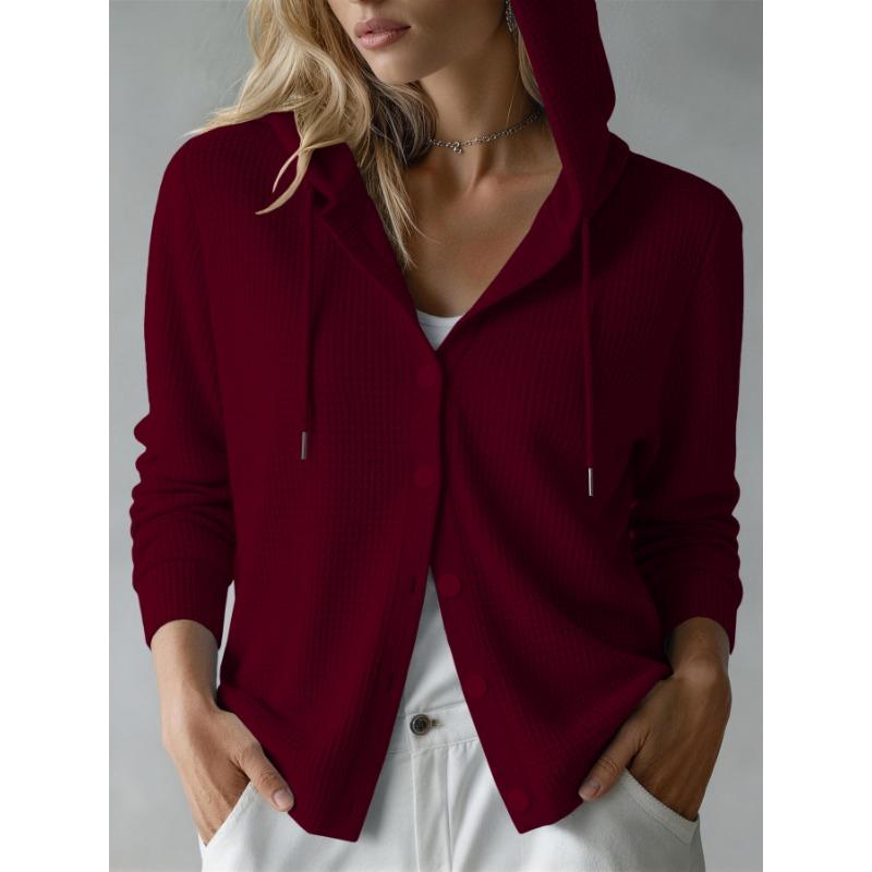 Cappotto Cardigan da Donna con Cappuccio, Manica Lunga, a Maglia Waffle