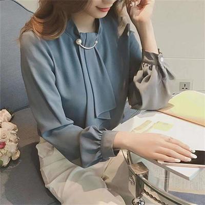 Korean Style Lantern Sleeve Knitted Ring Buckle Chiffon Blouse - Women's Long Sleeve Pullover Top