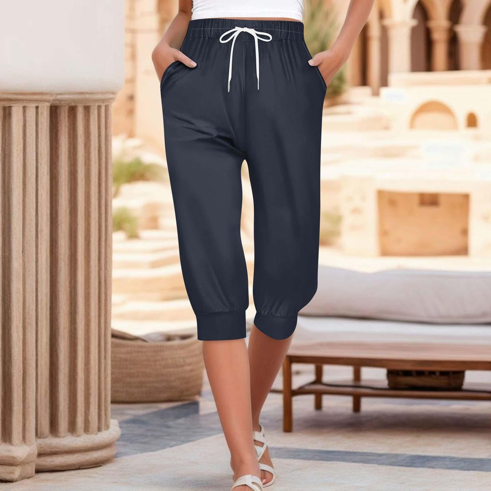 

Женские брюки, летние однотонные повседневные свободные укороченные брюки с карманами XL