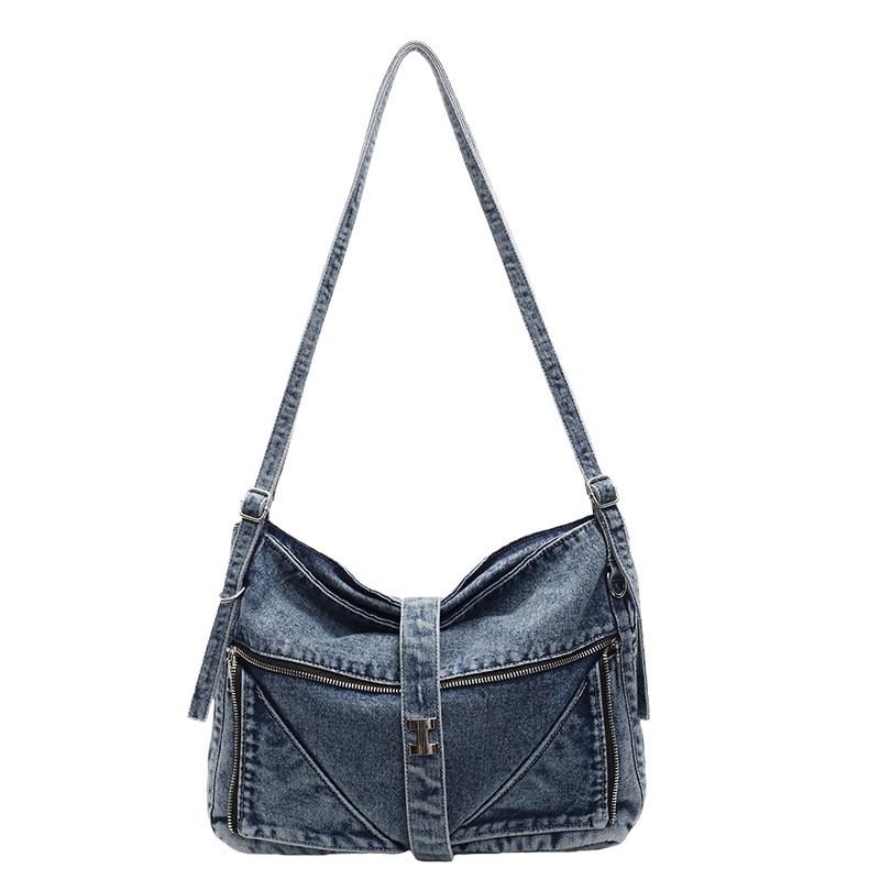Denim Crossbody Bag Women Minimalist Casual Shoulder Tote With Zip Soft Medium Size In Black Navy Light Blue