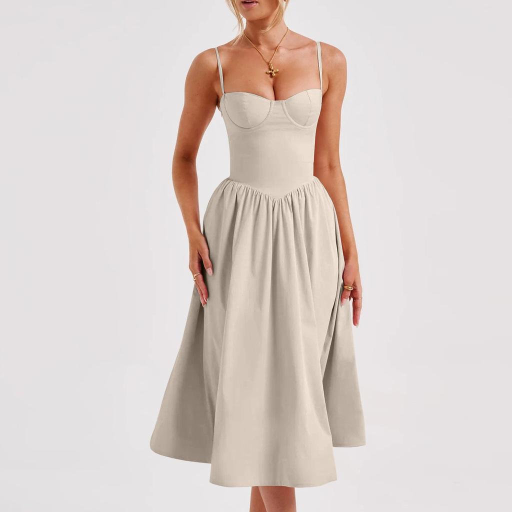 Women's Summer A-Line Midi Dress Sleeveless Spaghetti Strap Slim Fit Waist Casual Dress
