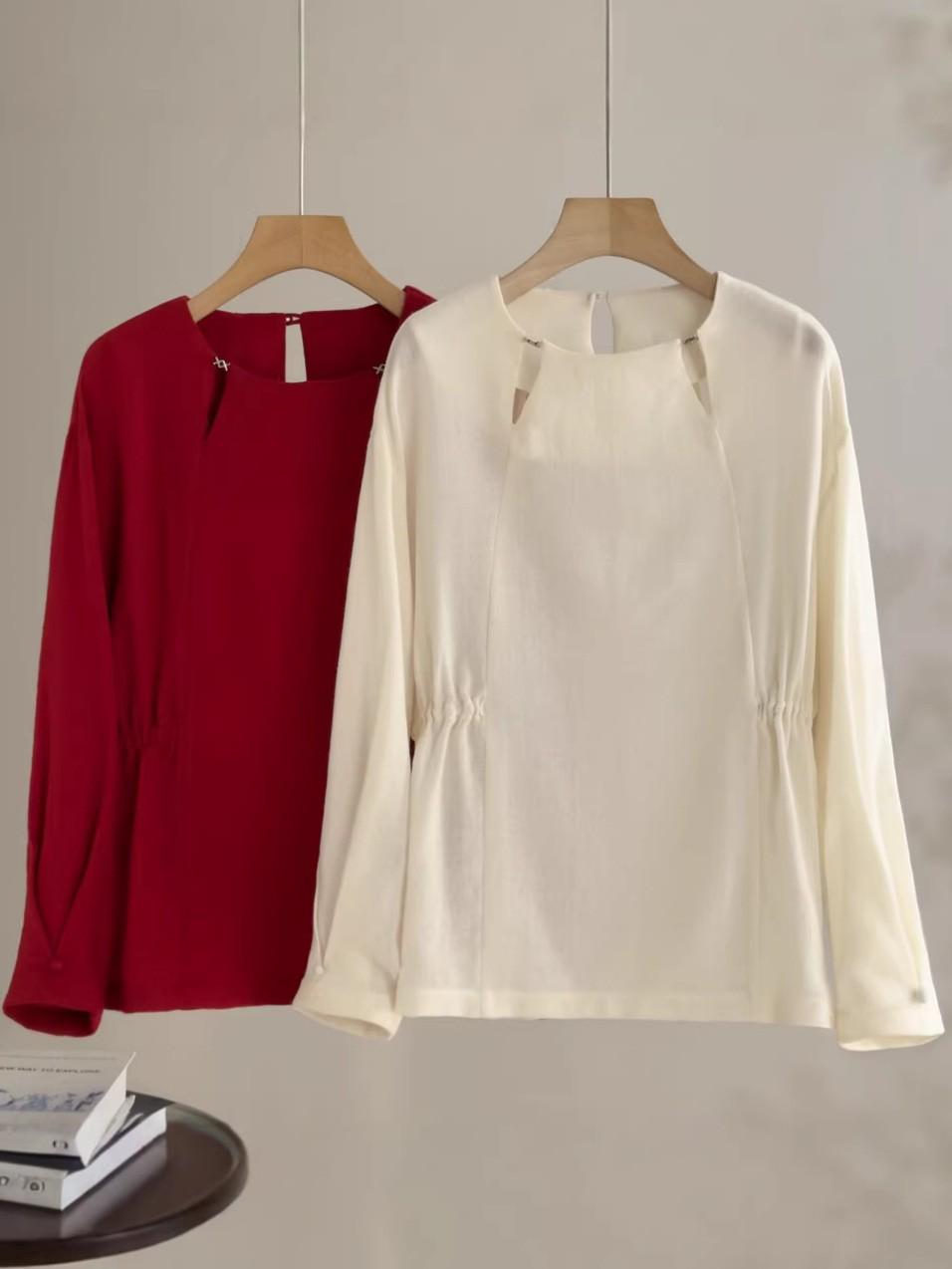 

Endi Hollow French-Style 100% Wool Cinched-Waist Women s Red Long-Sleeve Shirt for Spring 2026 M