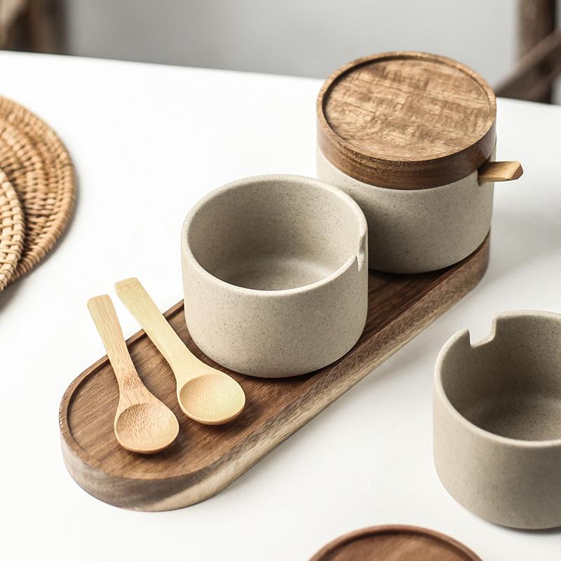 JUSTINLAU Japanese Ceramic Seasoning Jar Spice Container Bamboo Lid Spoon Household Oil Pot Seasoning Bottle Tray Kitchen Tool