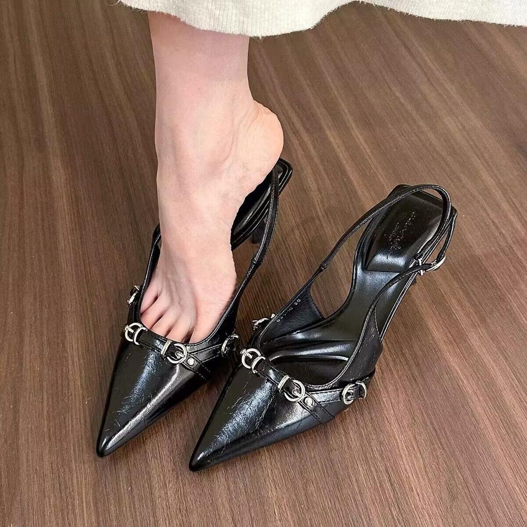 2025 spring new single shoes light and mature style black patent leather pointed special-shaped with high heels supermodel same fashion sandals