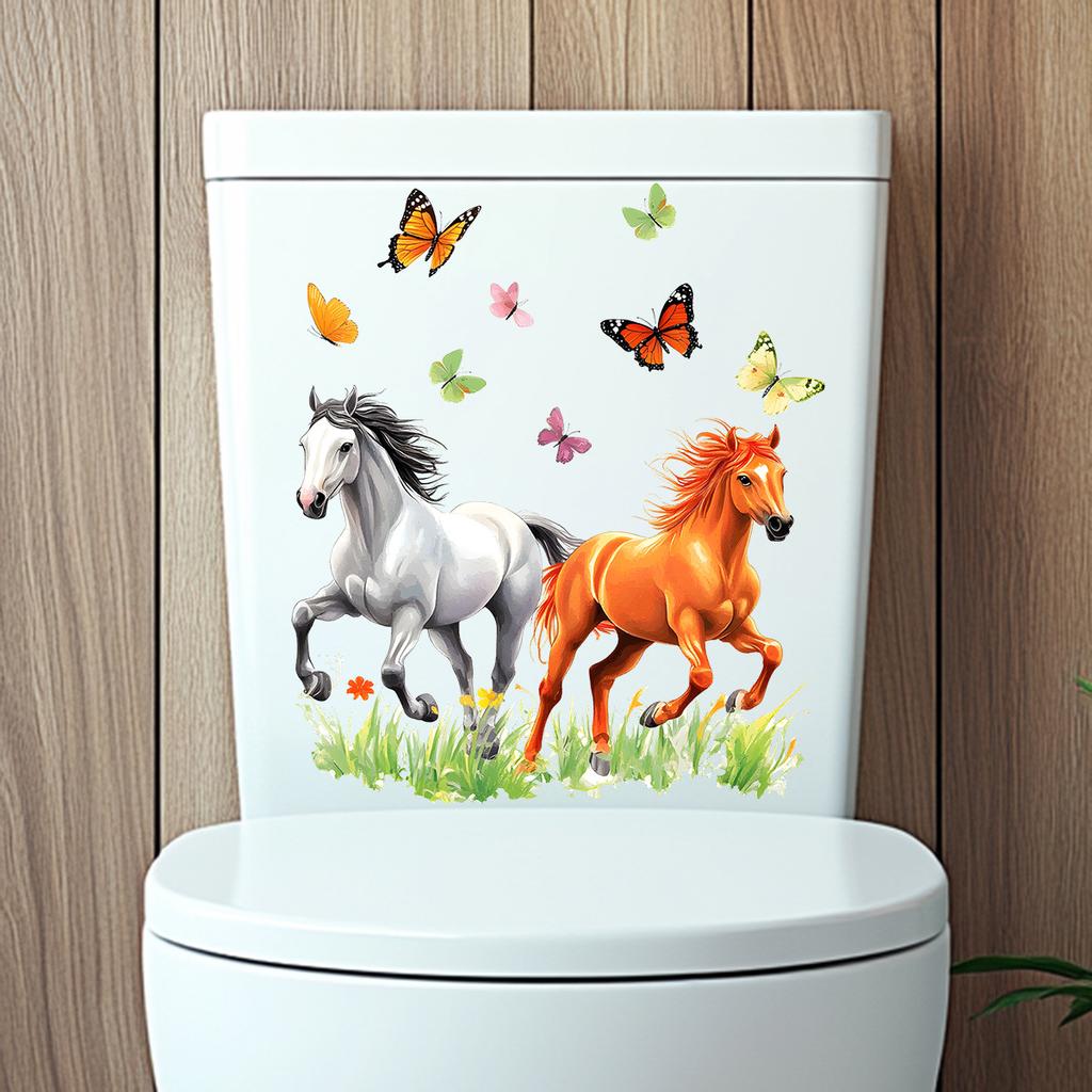Elegant Horse & Butterfly Toilet Stickers, Waterproof Removable Self-Adhesive for Bathroom Decor