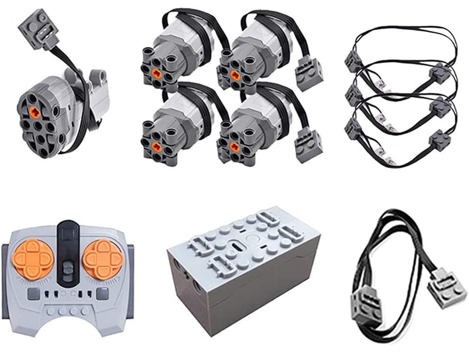 

Моторизованный набор строительных блоков: Пульт управления скоростью, Приемник, Двигатели M и L, Батарейный блок, Совместимые аксессуары.