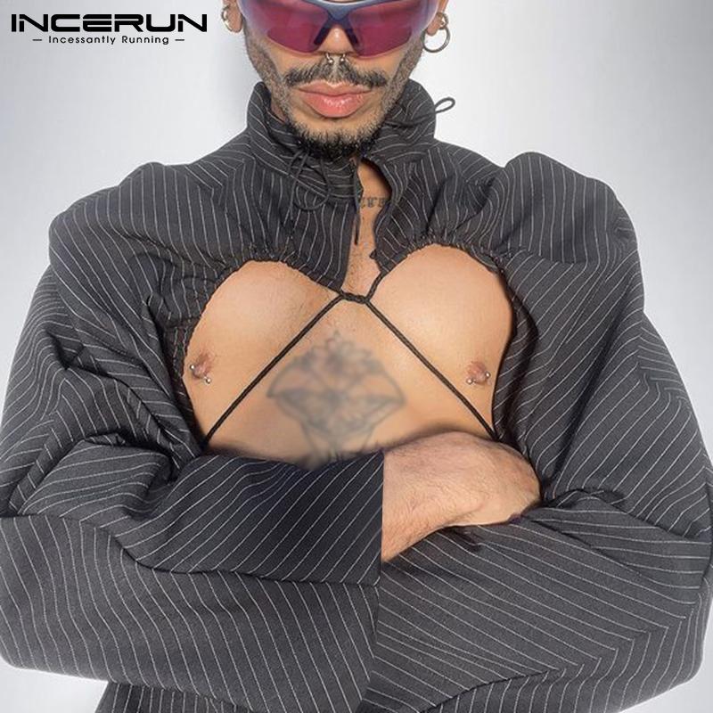 

INCERUN весенние пончо мужские полосатые плащи с длинными рукавами топы