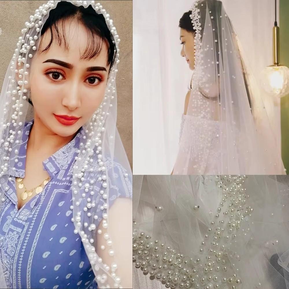 Pearls Long Wedding Veil 130cm Waist Length Drop Veil Pearls Tulle Bridal Veil  French Headdress