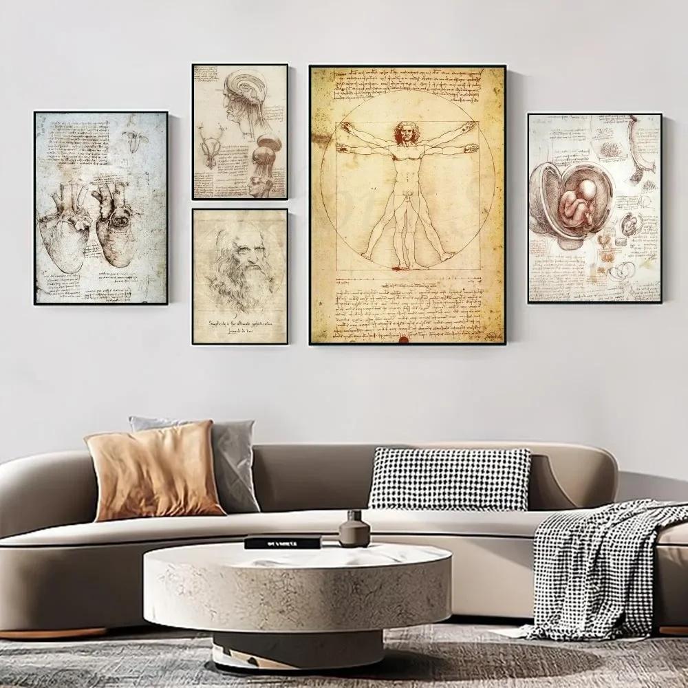 Leonardo Da Vinci Manuscript Vitruvian Man Vintage Posters Retro Room Bar Cafe Room Wall Decor Home Living Room Decor Painting
