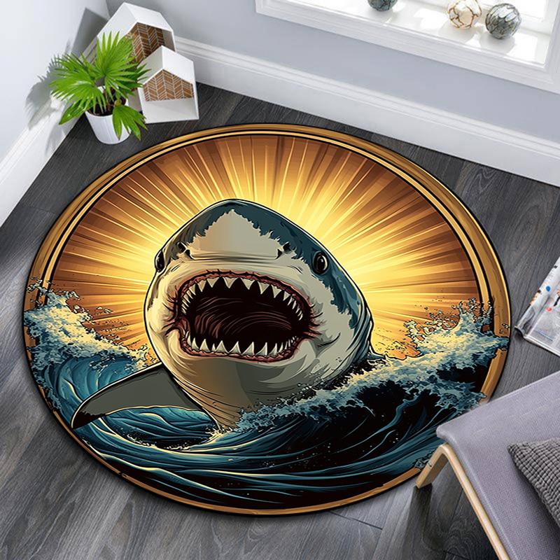 Great White Shark Round Area Rug,Carpet Rug for Living Room Bedroom Sofa Playroom Decor,Non-slip Floor Mat