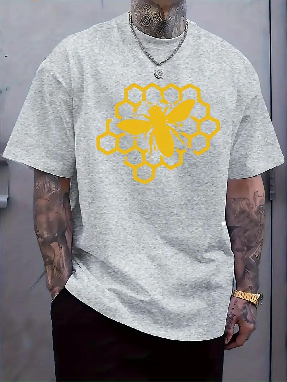 Casual Crew Neck T-shirt with Bee & Honeycomb Print XXL