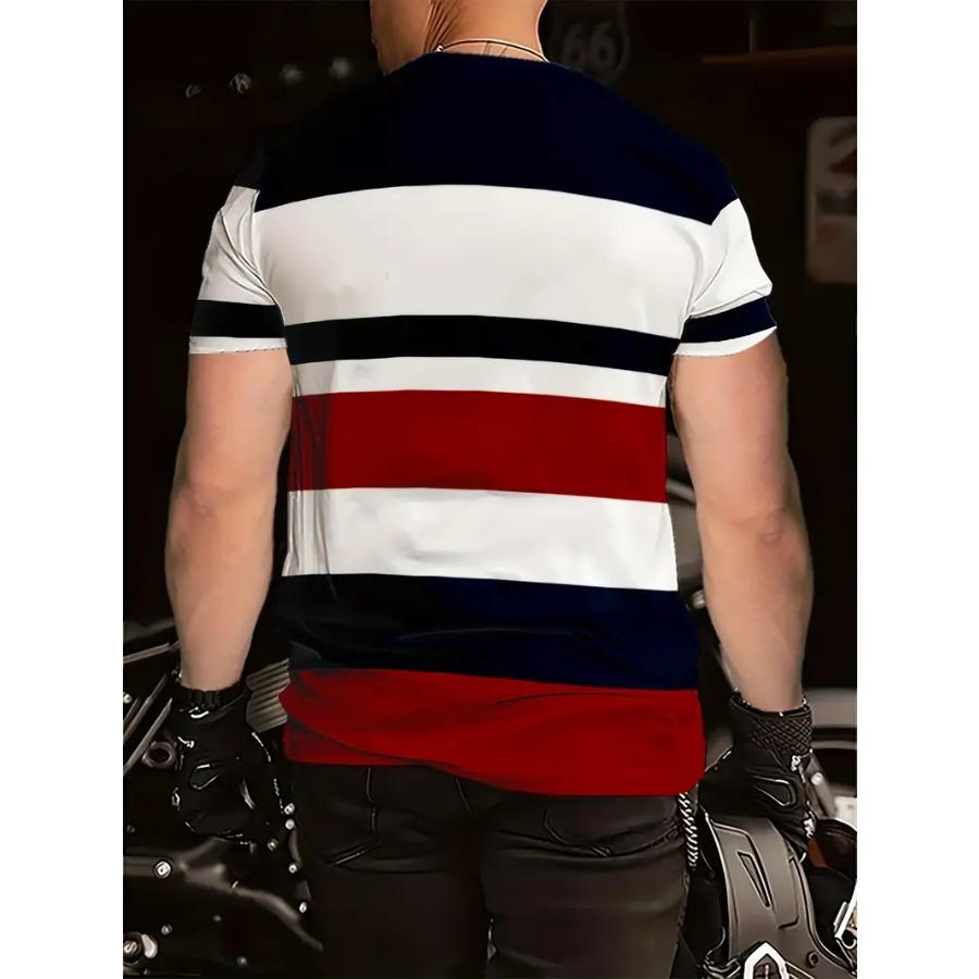 Men Novel Striped 3D Print T-shirts Beachwear Letters Stretch Polyester Sports Short Sleeve Tops