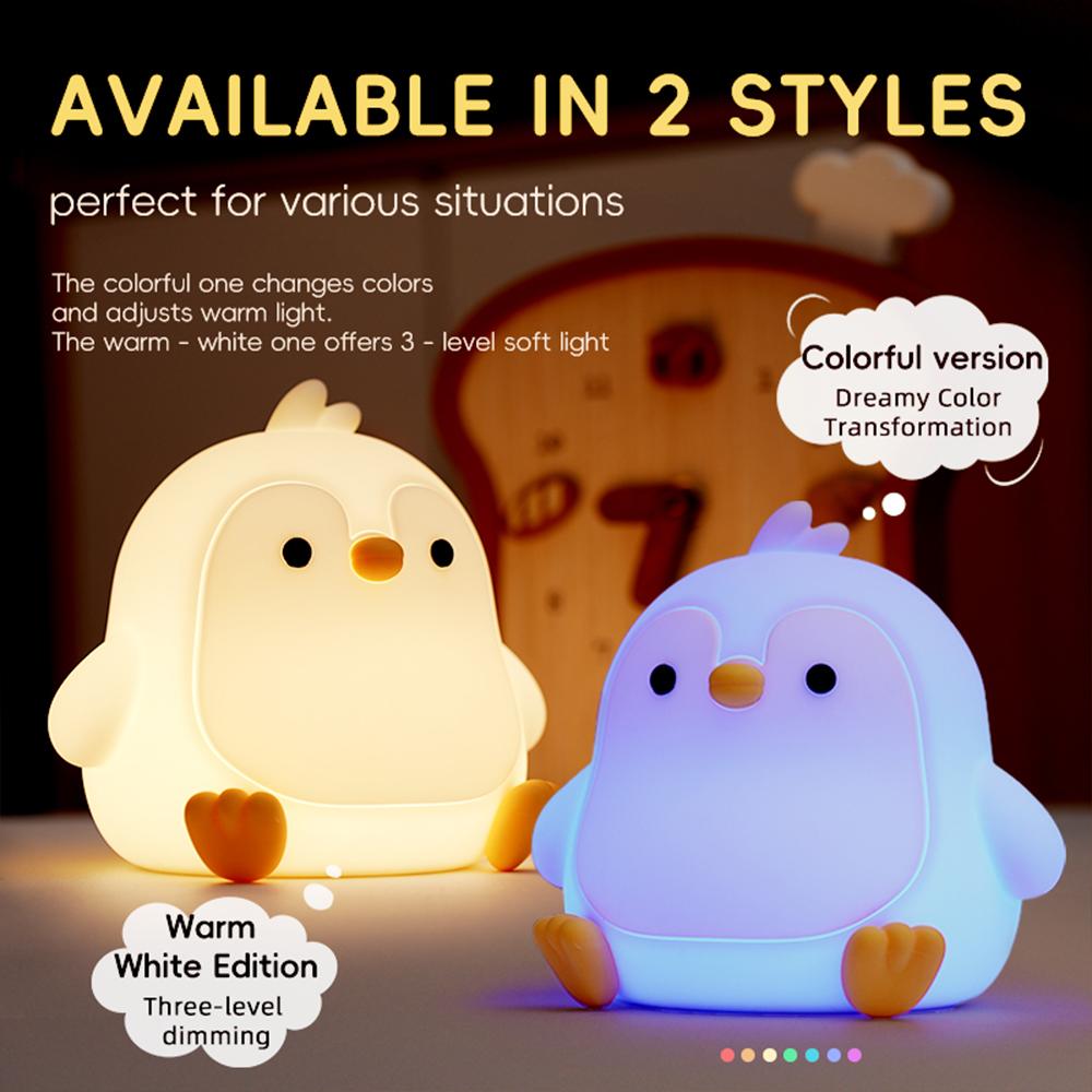 Cute RGB 7Colors  Silicone Penguin Night Light Rechargeable Sleeping Nursery Nightlights With Touch Sensor For Beside Table Lamp