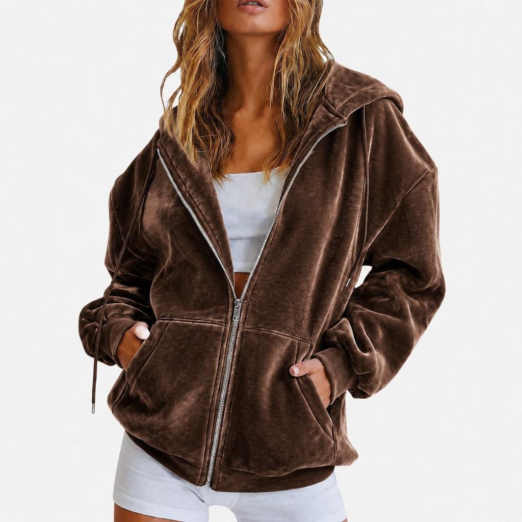 European and American Golden Velvet Hooded Sweater Autumn and Winter Loose Zipper Cardigan Jacket Casual Top