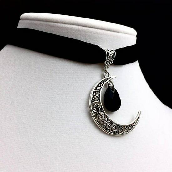 Gotische Samt-Mondtaschen-Halskette mit Tropfenstein